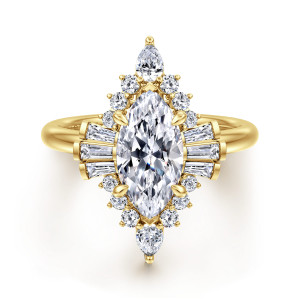 Gabriel & Co. ER16185M6Y44JJ 14 karat yellow gold Starlight engagement ring, front view of the marquise center flanked by fanned baguettes and pear shaped end stones