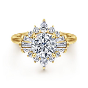 Gabriel & Co. ER16185R6Y44JJ 14 karat yellow gold Starlight engagement ring, front view of a starburst of small stones and stacked baguettes around the center