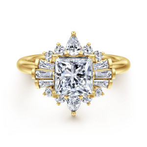 Gabriel & Co. ER16185S6Y44JJ 14 karat yellow gold Starlight engagement ring, front view of a square center framed by stepped baguettes and small round diamonds
