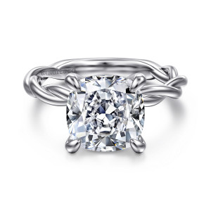 Gabriel & Co. ER16188C17W4JJJ 14 karat white gold Classic engagement ring, front view of a cushion cut center on four prongs with twisted strands on both sides