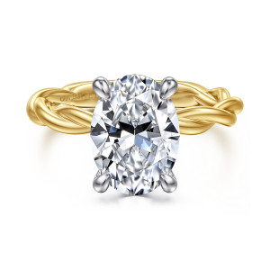 Gabriel & Co. ER16188O12M4JJJ 14 karat white and yellow gold Classic engagement ring, front view of an oval center with teardrop tipped prongs above a rope twisted band