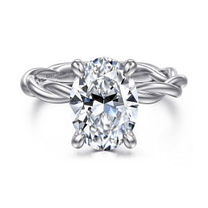 Gabriel & Co. ER16188O12W4JJJ 14 karat white gold Classic engagement ring, front view of the oval center between rounded prong tips with rope twists running off each shoulder