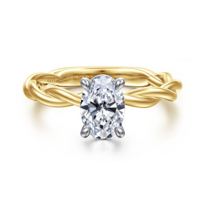 Gabriel & Co. ER16188O4M4JJJ 14 karat white and yellow gold Classic engagement ring, front view of an oval center in four slender prongs with twisted strands crossing on both sides