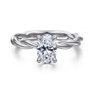Gabriel & Co. ER16188O4W4JJJ 14 karat white gold Classic engagement ring, front view of an oval center on slender prongs above a rope twisted band