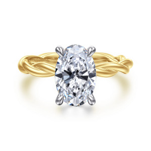 Gabriel & Co. ER16188O8M4JJJ 14 karat white and yellow gold Classic engagement ring, front view of the oval center between four teardrop tipped prongs with the rope band twisting away