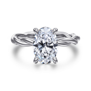 Gabriel & Co. ER16188O8W4JJJ 14 karat white gold Classic engagement ring, front view of an oval center in four rounded claw prongs above a twisting rope band