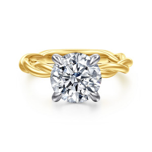 Gabriel & Co. ER16188R10M4JJJ 14 karat white and yellow gold Classic engagement ring, front view of a round center in four teardrop prongs above a twisted rope band