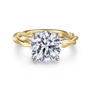 Gabriel & Co. ER16188R12M4JJJ 14 karat white and yellow gold Classic engagement ring, front view of a round center in four rounded prongs above a rope twist band