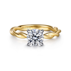 Gabriel & Co. ER16188R4M4JJJ 14 karat white and yellow gold Classic engagement ring, front view of a round center in four claws with the twisted band curving away on both sides