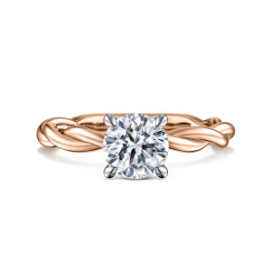 Gabriel & Co. ER16188R4T4JJJ 14 karat white and rose gold Classic engagement ring, front view of a round center in claw prongs above a band of twisting strands