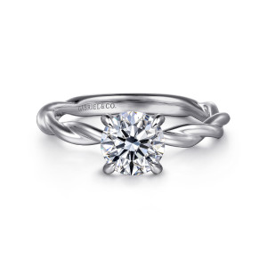 Gabriel & Co. ER16188R4W4JJJ 14 karat white gold Classic engagement ring, front view of the round center with claw prongs between twisting rope strands of the band