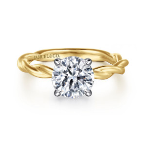 Gabriel & Co. ER16188R6M4JJJ 14 karat white and yellow gold Classic engagement ring, front view of a round center in rounded claws above the rope twist band
