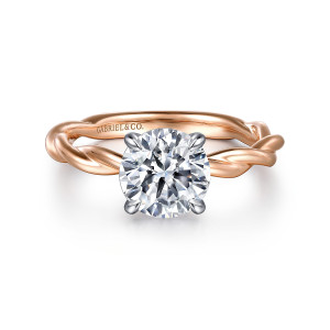 Gabriel & Co. ER16188R6T4JJJ 14 karat white and rose gold Classic engagement ring, front view of a round center in a cooler head above a twisted rope band