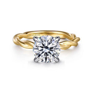 Gabriel & Co. ER16188R8M4JJJ 14 karat white and yellow gold Classic engagement ring, front view of a round center in four cooler tapered prongs above a twisted band