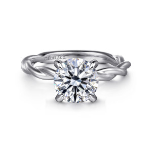 Gabriel & Co. ER16188R8PTJJJ platinum Classic engagement ring, front view of a round center with four prongs above strands twisting away on both sides