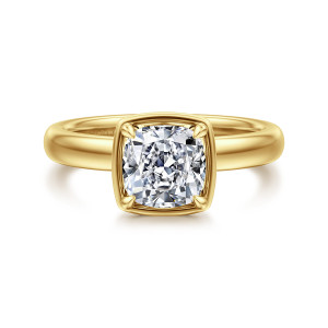 Gabriel & Co. ER16189C6Y44JJ 14 karat yellow gold Contemporary engagement ring, front view of a cushion center inside a flat squared metal frame with a claw at each corner