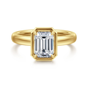 Gabriel & Co. ER16189E6Y44JJ 14 karat yellow gold Contemporary engagement ring, front view of an emerald cut center inside a rectangular frame with clipped corners