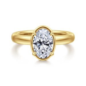 Gabriel & Co. ER16189O6Y44JJ 14 karat yellow gold Contemporary engagement ring, front view of an oval center within a smooth metal collar and small rounded prongs