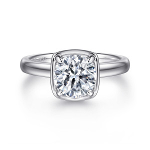 Gabriel & Co. ER16189R6W44JJ 14 karat white gold Contemporary engagement ring, front view of a round center inside a smooth cushion shaped frame