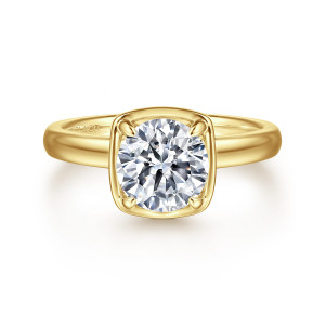 Gabriel & Co. ER16189R6Y44JJ 14 karat yellow gold Contemporary engagement ring, front view of a round center inside a rounded square frame with prongs at its corners
