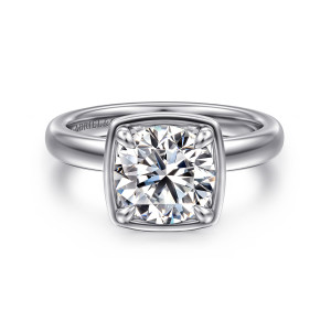 Gabriel & Co. ER16189R8W44JJ 14 karat white gold Contemporary engagement ring, front view of a round center in claw prongs inside a smooth square frame