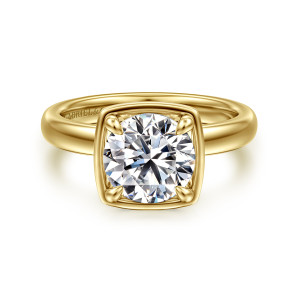Gabriel & Co. ER16189R8Y44JJ 14 karat yellow gold Contemporary engagement ring, front view of a smooth rounded square rim framing a round center between corner prongs