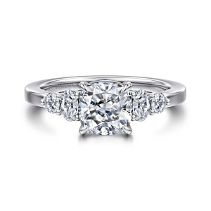 Gabriel & Co. ER16192C6W44JJ 14 karat white gold Classic engagement ring, front view of a cushion cut center with side stones stepping down toward a plain band