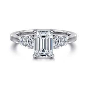 Gabriel & Co. ER16192E6W44JJ 14 karat white gold Classic engagement ring, front view of an emerald cut center with two small round stones down each side