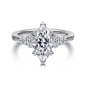 Gabriel & Co. ER16192M6W44JJ 14 karat white gold Classic engagement ring, front view of a marquise center with pointed prongs at both ends and paired side stones
