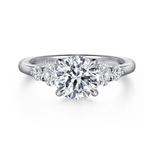 Gabriel & Co. ER16192R6W44JJ 14 karat white gold Classic engagement ring, front view of a round center with a larger and a smaller round stone on each side
