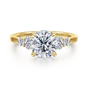 Gabriel & Co. ER16192R8Y44JJ 14 karat yellow gold Classic engagement ring, front view of a round center with four prongs and oval and round diamonds at each side