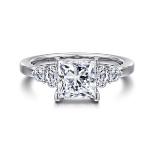 Gabriel & Co. ER16192S6W44JJ 14 karat white gold Classic engagement ring, front view of a princess cut center with a pair of small stones on each shoulder
