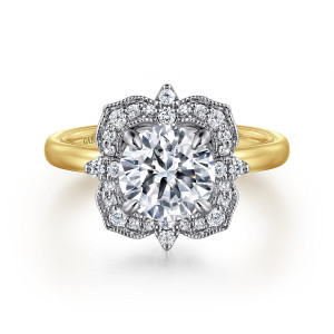 Gabriel & Co. ER16193R6M44JJ 14 karat white and yellow gold Floral Nouveau engagement ring, front view of a round center held by claw prongs inside a flower shaped halo