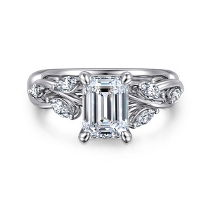 Gabriel & Co. ER16195E6W43JJ 14 karat white gold Floral Nouveau engagement ring, front view of an emerald cut center framed by twisting strands and elongated diamonds