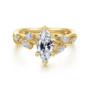 Gabriel & Co. ER16195M4Y43JJ 14 karat yellow gold Floral Nouveau engagement ring, front view of a marquise center with pointed tip prongs and leaf shaped curls of small stones