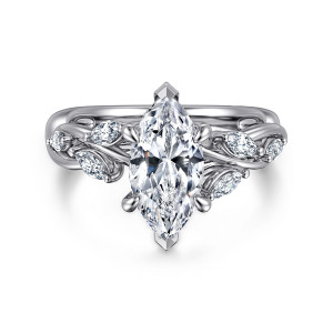 Gabriel & Co. ER16195M6W43JJ 14 karat white gold Floral Nouveau engagement ring, front view of the marquise center with pointed end prongs and leaf like stones between the strands