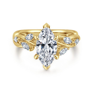Gabriel & Co. ER16195M6Y43JJ 14 karat yellow gold Floral Nouveau engagement ring, front view of a marquise center with pointed end tips and leafy elongated stones beside the twist