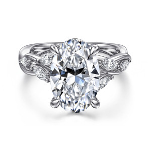 Gabriel & Co. ER16195O16W43JJ 14 karat white gold Floral Nouveau engagement ring, front view of an oval center between groups of elongated diamonds on woven strands