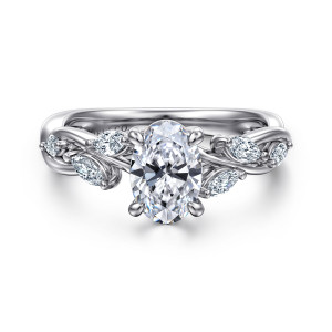 Gabriel & Co. ER16195O4W43JJ 14 karat white gold Floral Nouveau engagement ring, front view of an oval center on four prongs, framed by elongated diamonds on twisting strands