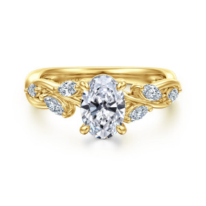 Gabriel & Co. ER16195O4Y43JJ 14 karat yellow gold Floral Nouveau engagement ring, front view of an oval center with elongated diamonds angled along the strands on both sides