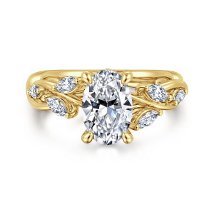 Gabriel & Co. ER16195O6Y43JJ 14 karat yellow gold Floral Nouveau engagement ring, front view of an oval center with elongated diamonds resting on twisting strands at both shoulders