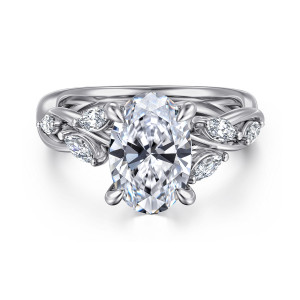 Gabriel & Co. ER16195O8W43JJ 14 karat white gold Floral Nouveau engagement ring, front view of an oval center with elongated diamonds resting on twisting strands at its sides