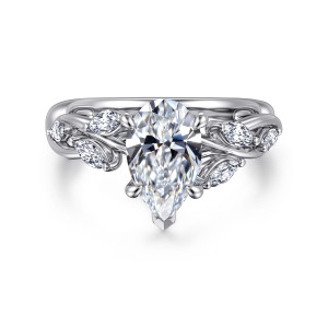 Gabriel & Co. ER16195P6W43JJ 14 karat white gold Floral Nouveau engagement ring, front view of a pear shaped center with elongated stones on crossing strands to each side