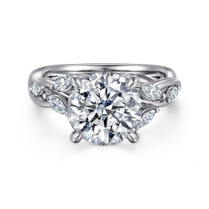 Gabriel & Co. ER16195R12W43JJ 14 karat white gold Floral Nouveau engagement ring, front view of a round center with elongated diamonds nestled among looping strands on each side