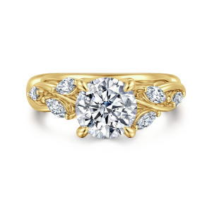 Gabriel & Co. ER16195R6Y43JJ 14 karat yellow gold Floral Nouveau engagement ring, front view of a round center flanked by elongated diamonds set among twisting strands