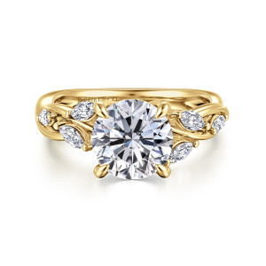 Gabriel & Co. ER16195R8Y43JJ 14 karat yellow gold Floral Nouveau engagement ring, front view of a round center flanked by elongated diamonds in leaf like twists of metal