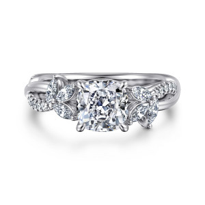 Gabriel & Co. ER16196C6W44JJ 14 karat white gold Floral Nouveau engagement ring, front view of a cushion cut center with a fan of elongated stones on each side
