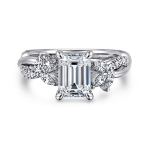 Gabriel & Co. ER16196E6W44JJ 14 karat white gold Floral Nouveau engagement ring, front view of an emerald cut center between two petal like clusters of elongated stones