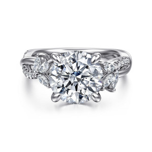 Gabriel & Co. ER16196R12W44JJ 14 karat white gold Floral Nouveau engagement ring, front view of a round center with claw prongs, twisting strands and clusters of diamonds