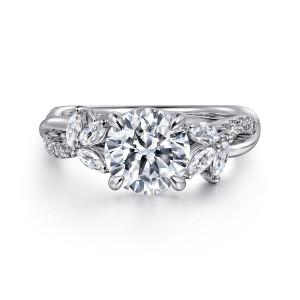 Gabriel & Co. ER16196R6W44JJ 14 karat white gold Floral Nouveau engagement ring, front view of a round center flanked by fanned clusters of elongated diamonds and twisting strands